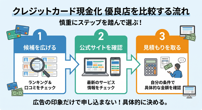 クレジットカード現金化優良店選びの流れ